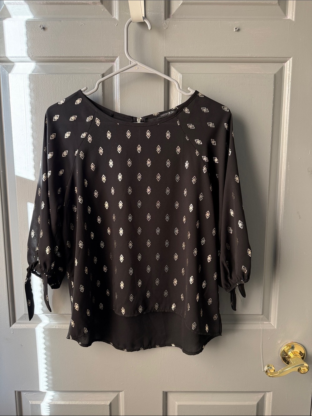 Papermoon Black Blouse with Silver Geometric Print and Tie Sleeves